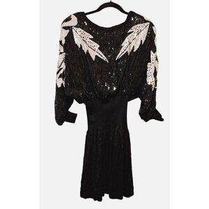 Vintage Black Sequin Silk Dress W/ White Floral Embroidery & Puff Sleeves 1980's